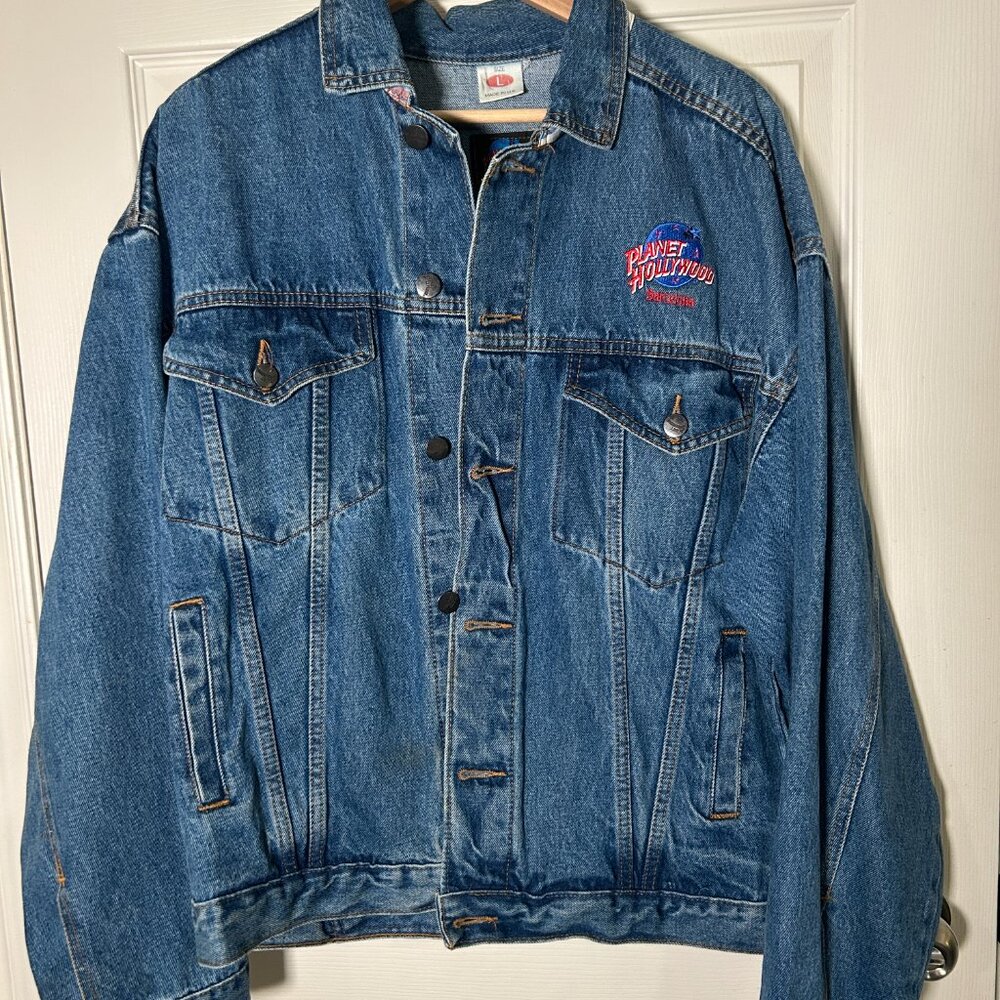 Vintage 90S Planet Hollywood Barcelona Denim Jean Jacket Mens Size Large